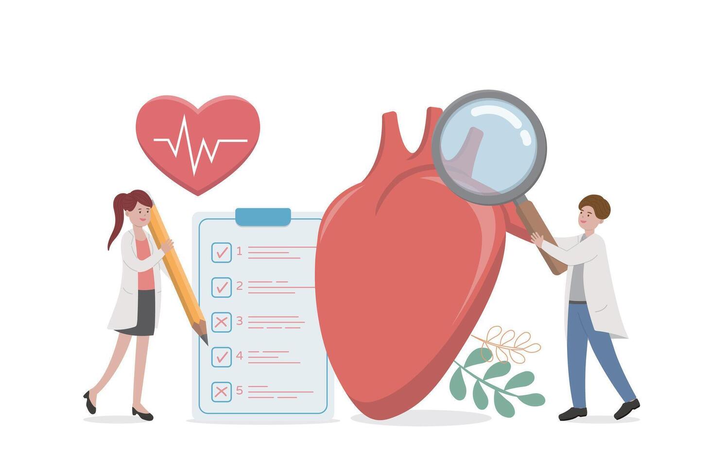 Heart with electrocardiogram with doctor or nurse or medical staff performing health check, comic cartoon vector