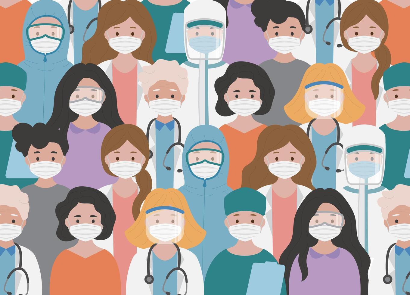 Paramedics and doctors and therapists work with people against virus, protective suits and medical masks, continuous graphics vector