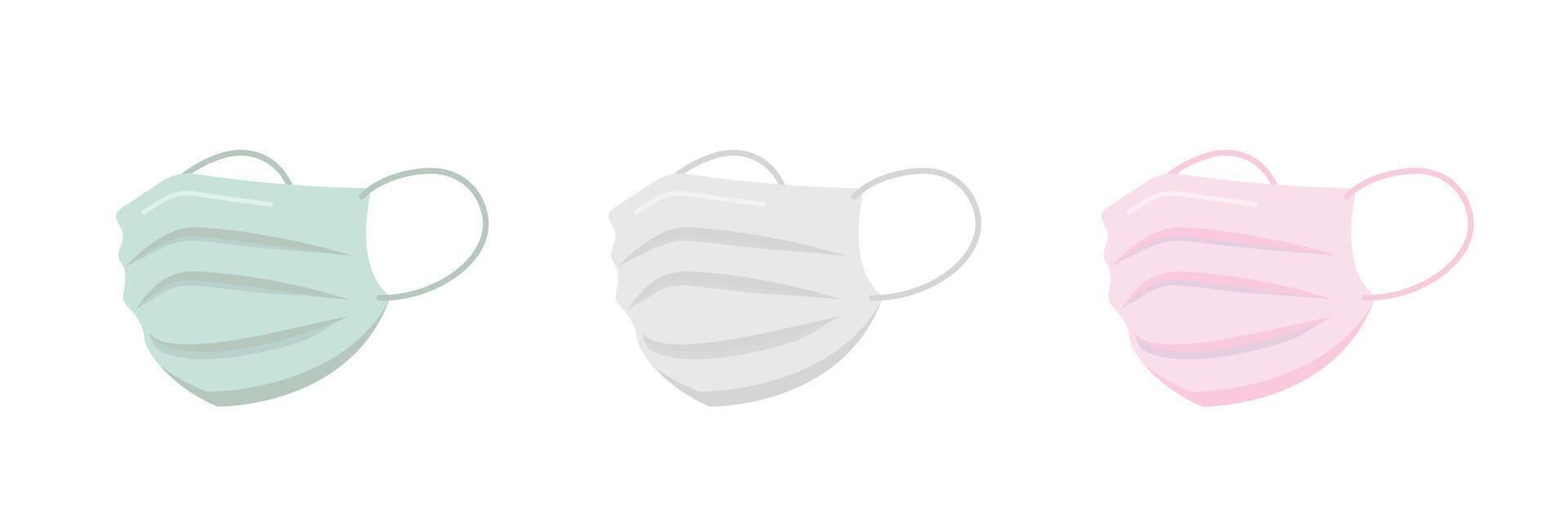 Flat cartoon icon of three medical masks to protect against flu vs coronavirus vs pneumonia vs air pollution vector