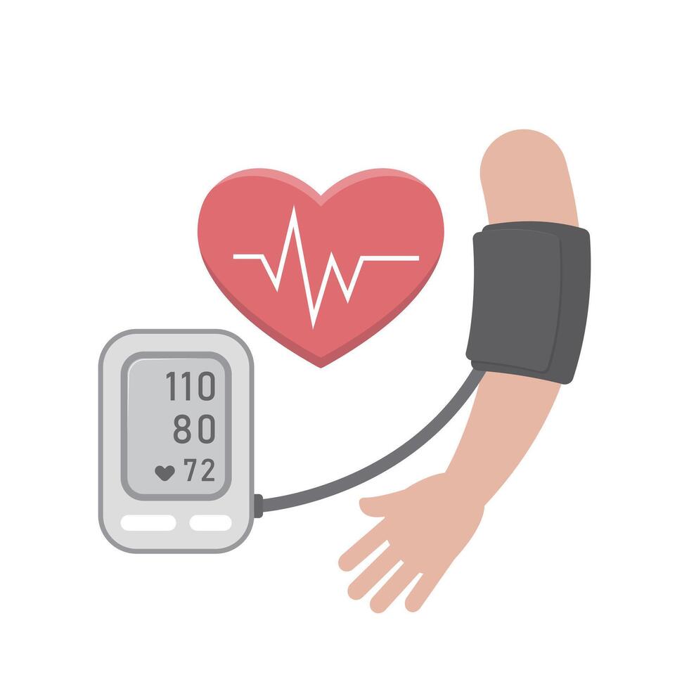 cartoon icon of measuring blood pressure, sphygmomanometer with heartbeat and arm vector
