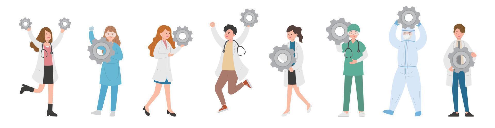 8 paramedic man or woman doctor or laboratory staff composition, medical worker with gears, cartoon vector