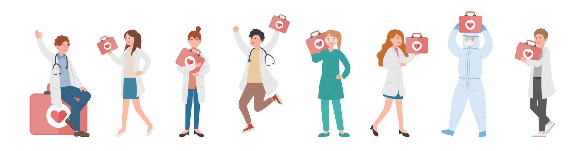 8 paramedic man or woman doctor or laboratory staff composition, medical worker with medical box, cartoon vector