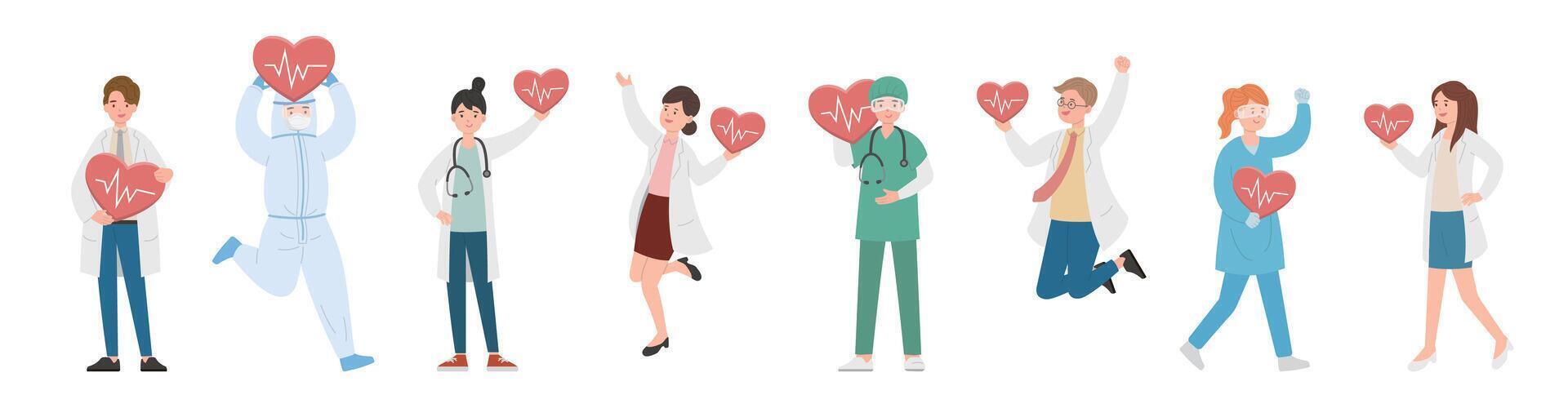 8 paramedic man or woman doctor or experimenter composition, medical worker with electrocardiogram, heart with blood pressure and heartbeat, cartoon vector