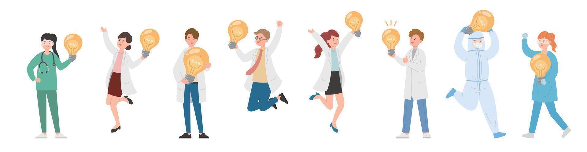 8 paramedic man or woman doctor or experimenter composition, medical worker with light bulb with idea, cartoon vector