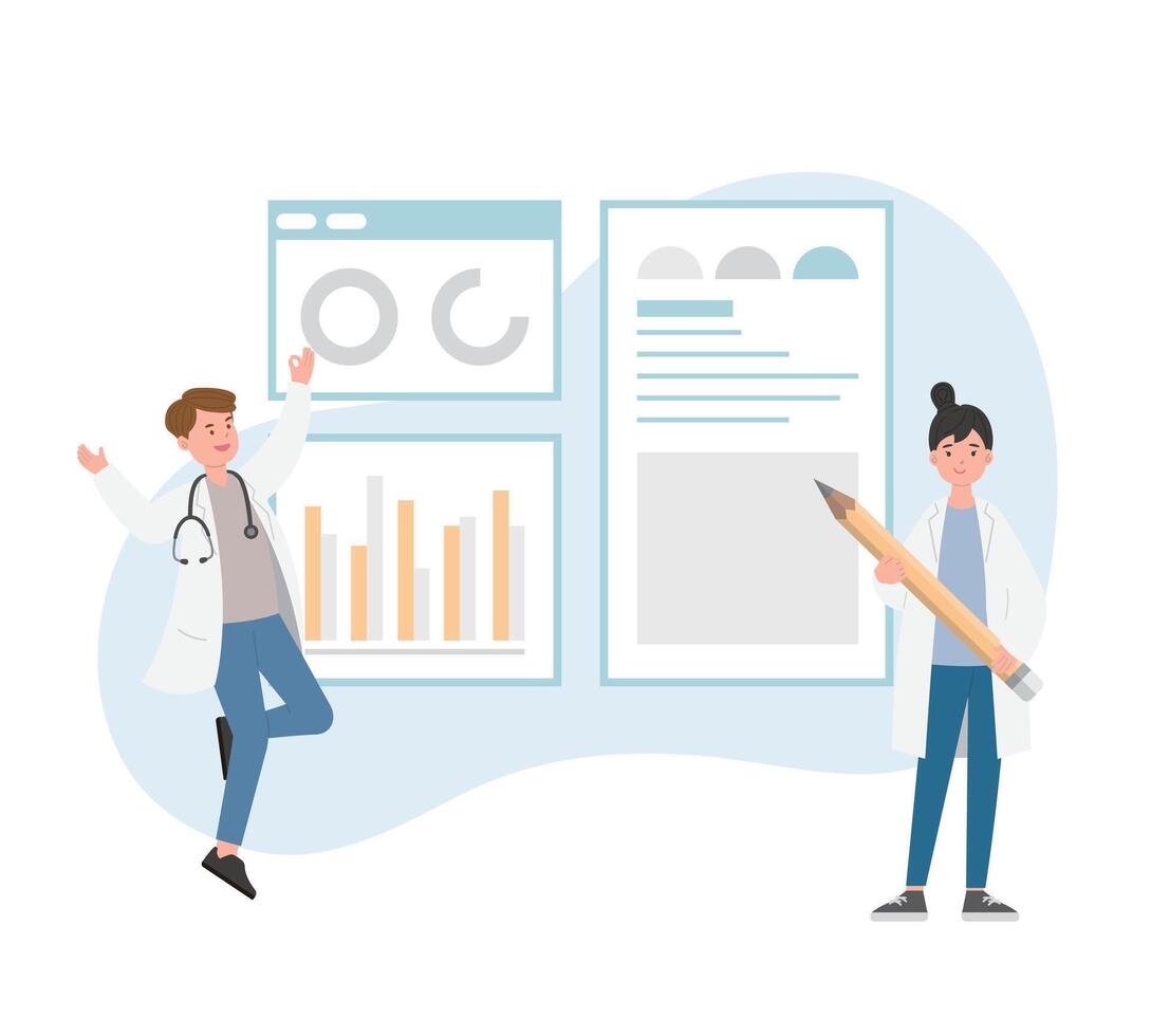 Male or female of paramedic or medical specialist or scientist pointing at presentation board, chart icons, set of abstract graphic elements, data statistics, infographics, analytical tools vector