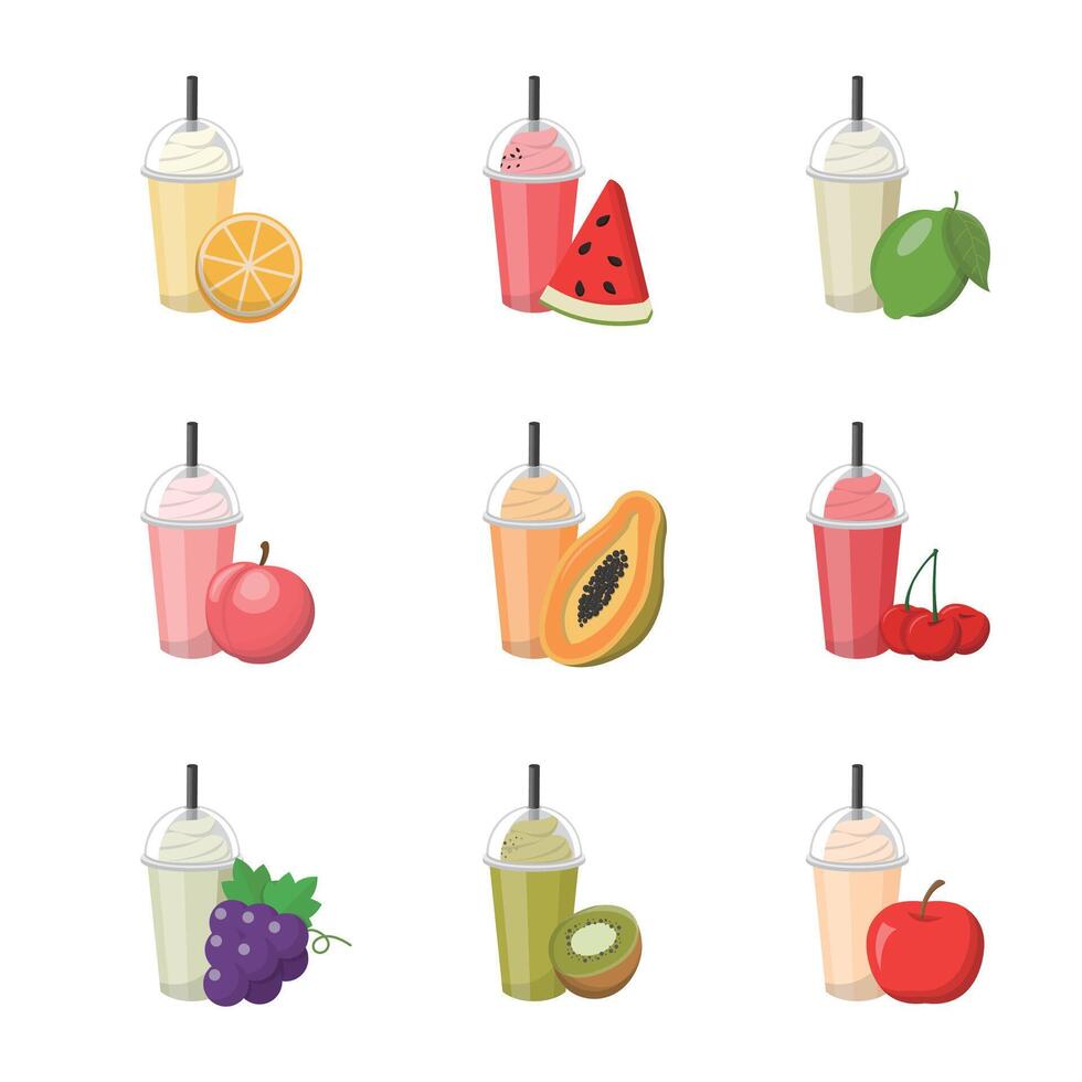 Set of colorful fruit smoothies with cream isolated on white background, sweet and sour delicious drink vector