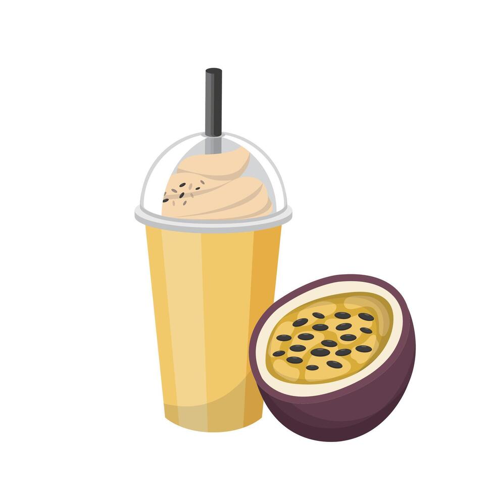 Passion fruit flavored fruit smoothie with cream isolated on white background vector