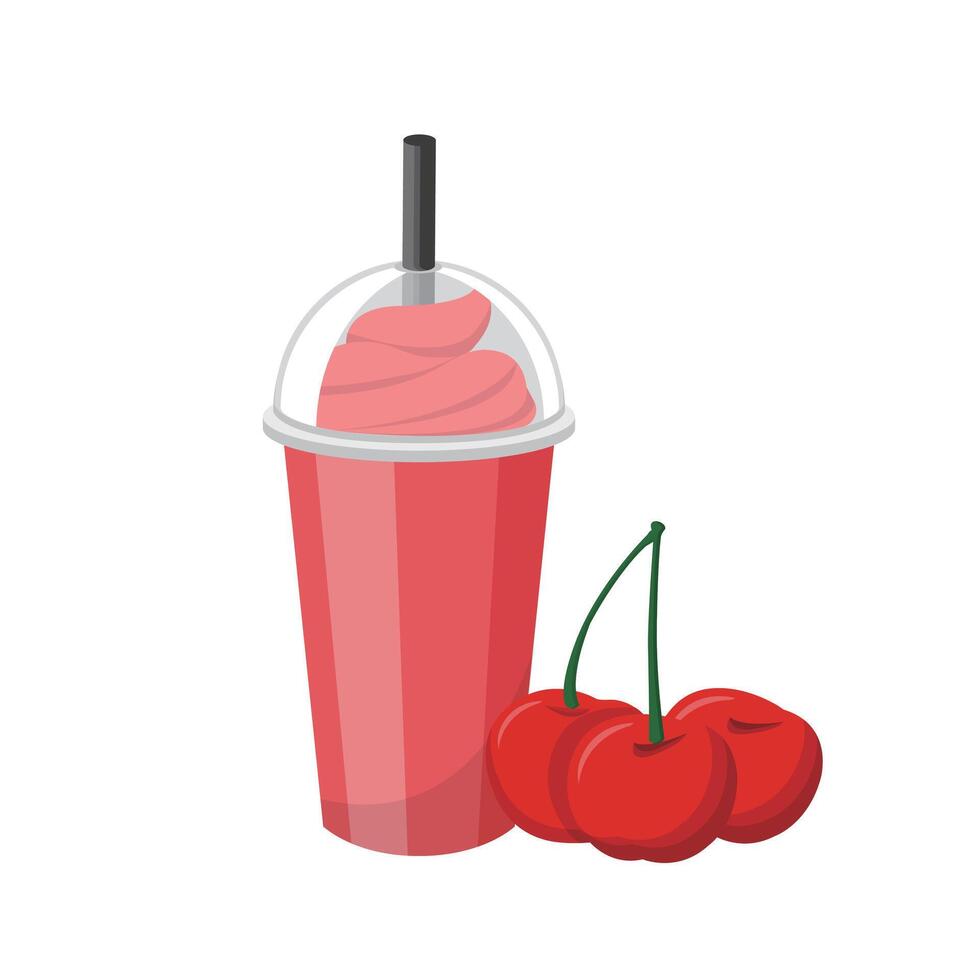 Cherry flavored fruit smoothie with cream isolated on white background vector
