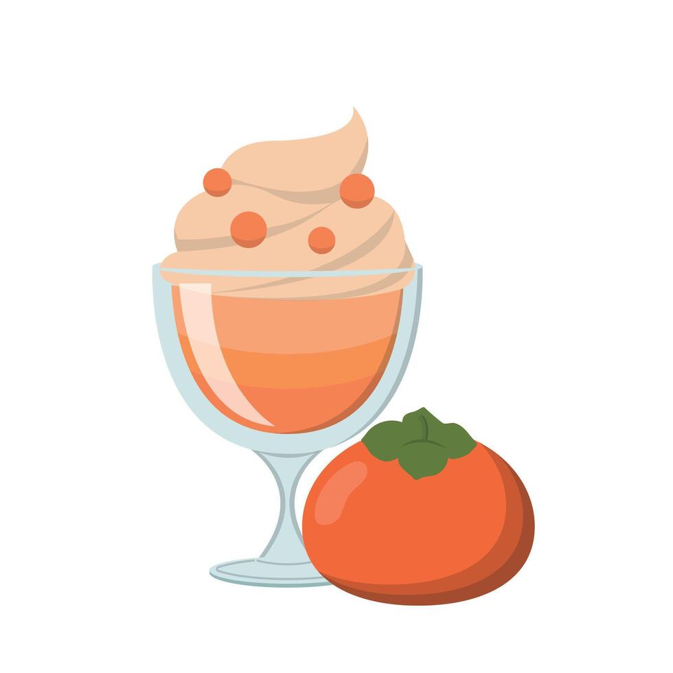 Persimmon flavored fruit sundae with glass cup isolated on white background vector