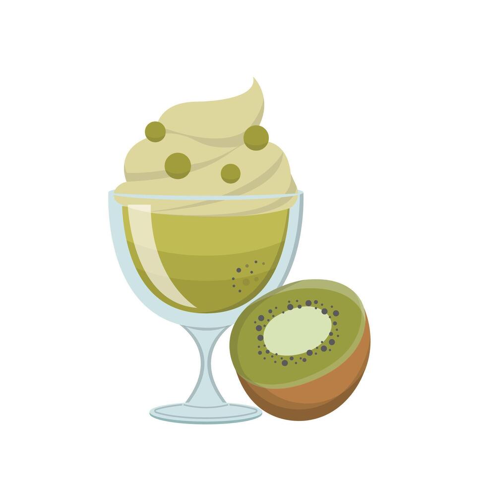 Kiwi flavored fruit sundae with glass cup isolated on white background vector