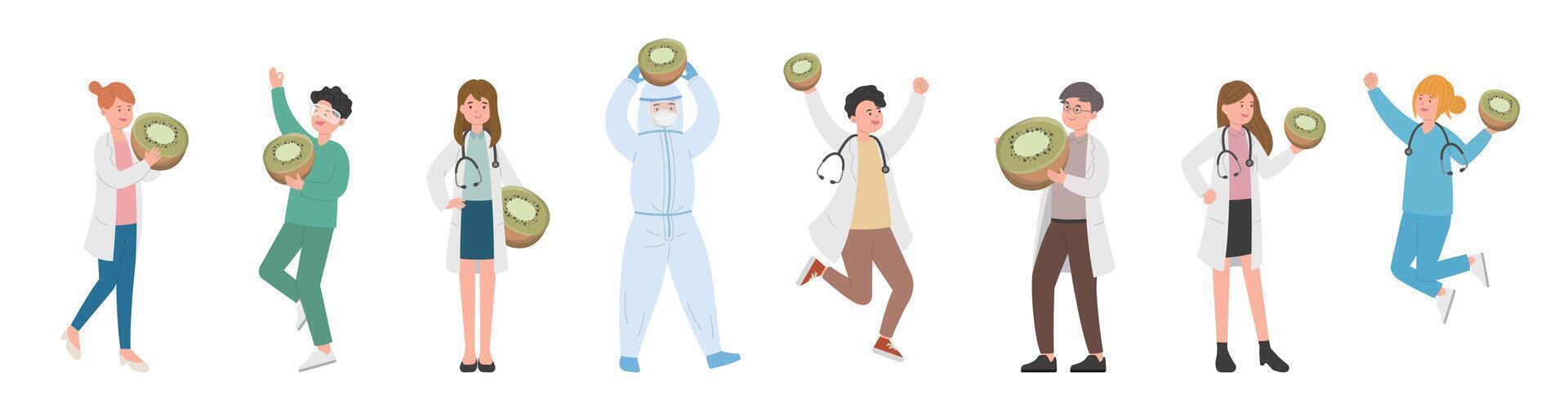 Nursing male or female doctor or scientist combination, medical specialist with kiwi fruit and vitamin c, doctor team concept vector