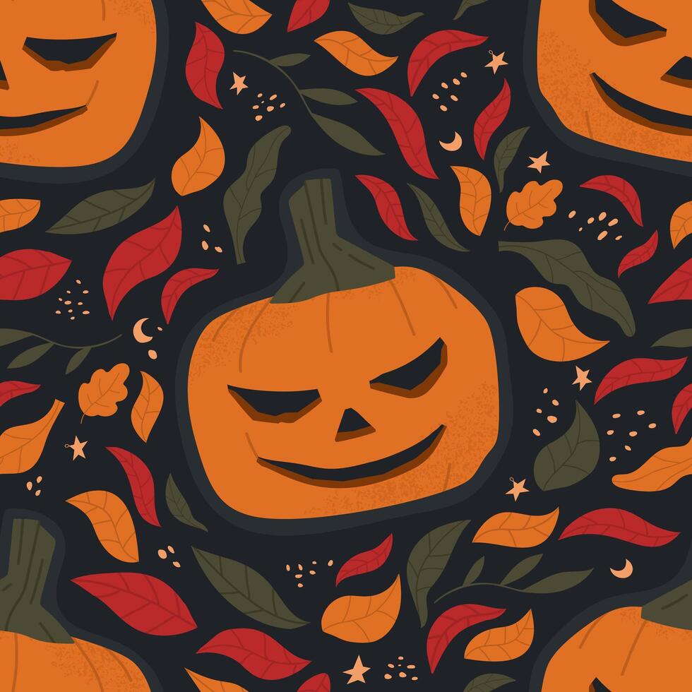 Seamless pattern with jack o lantern and fall leaves. Beautiful flat illustration for Halloween. vector