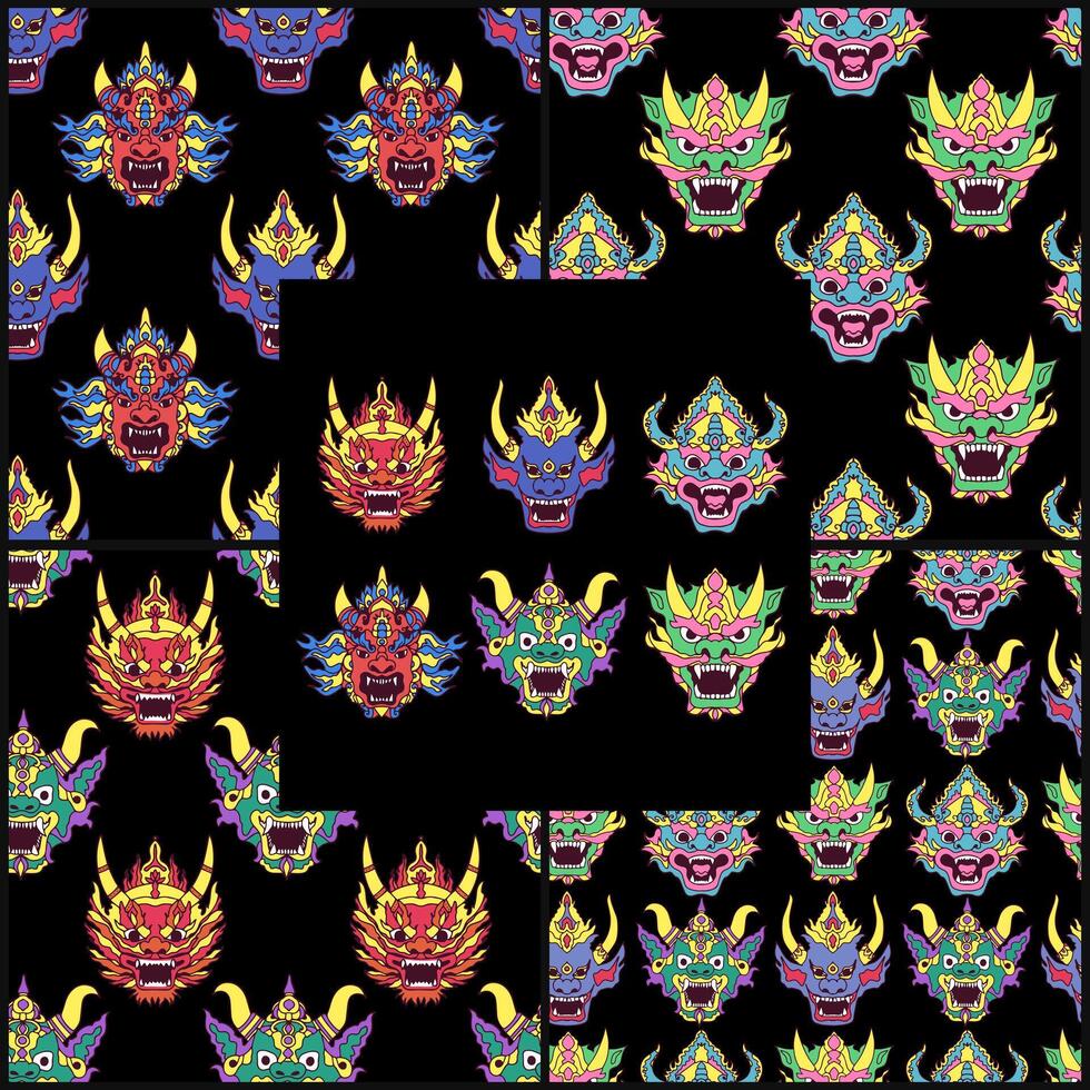 Collection of seamless patterns and elements.Asian style demon face masks.Ornament in Thai style. vector