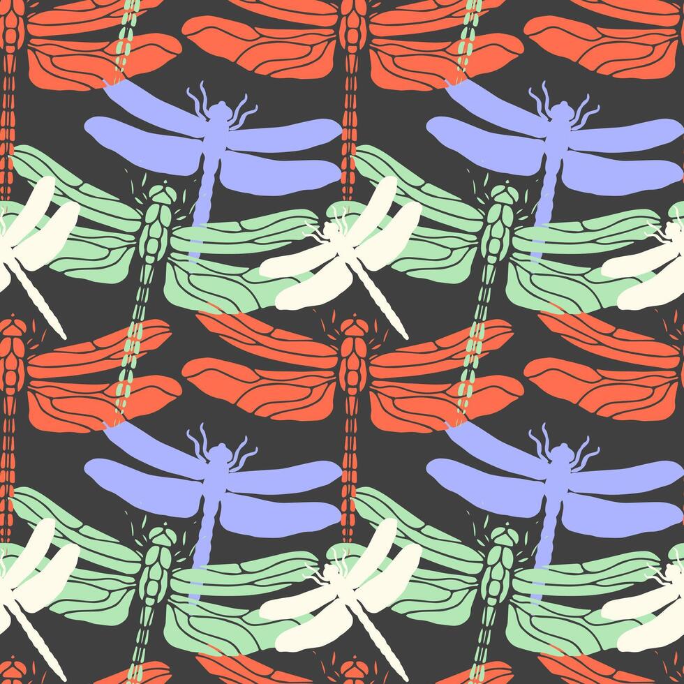 Multi-colored dragonflies on a gray background seamless pattern.Endless ornament. vector
