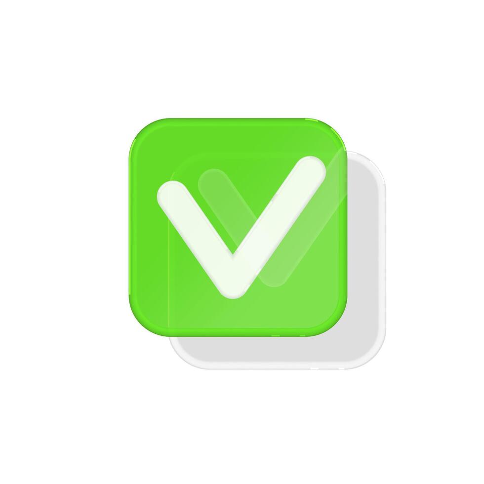 Completed task icon in the form of a white checkmark on a green glass background. vector
