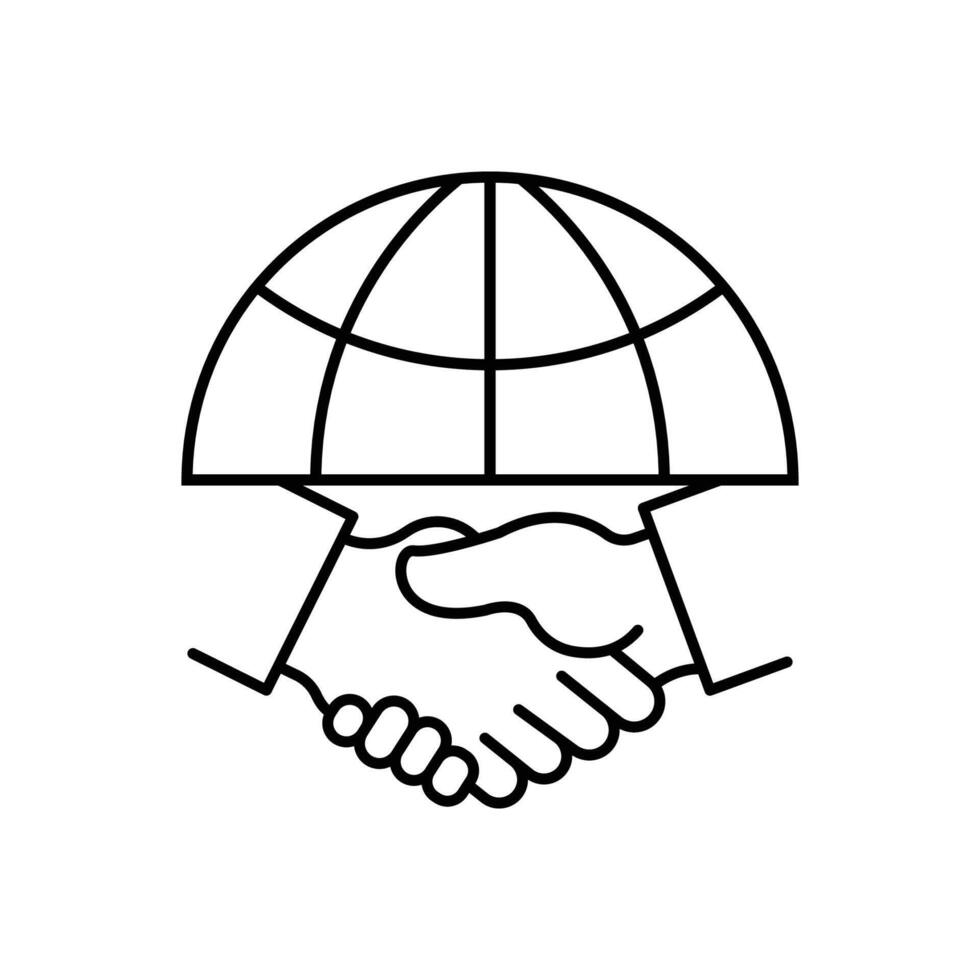 Handshake and globe line icon. International agreement concept. World partnership linear symbol. isolated on white vector
