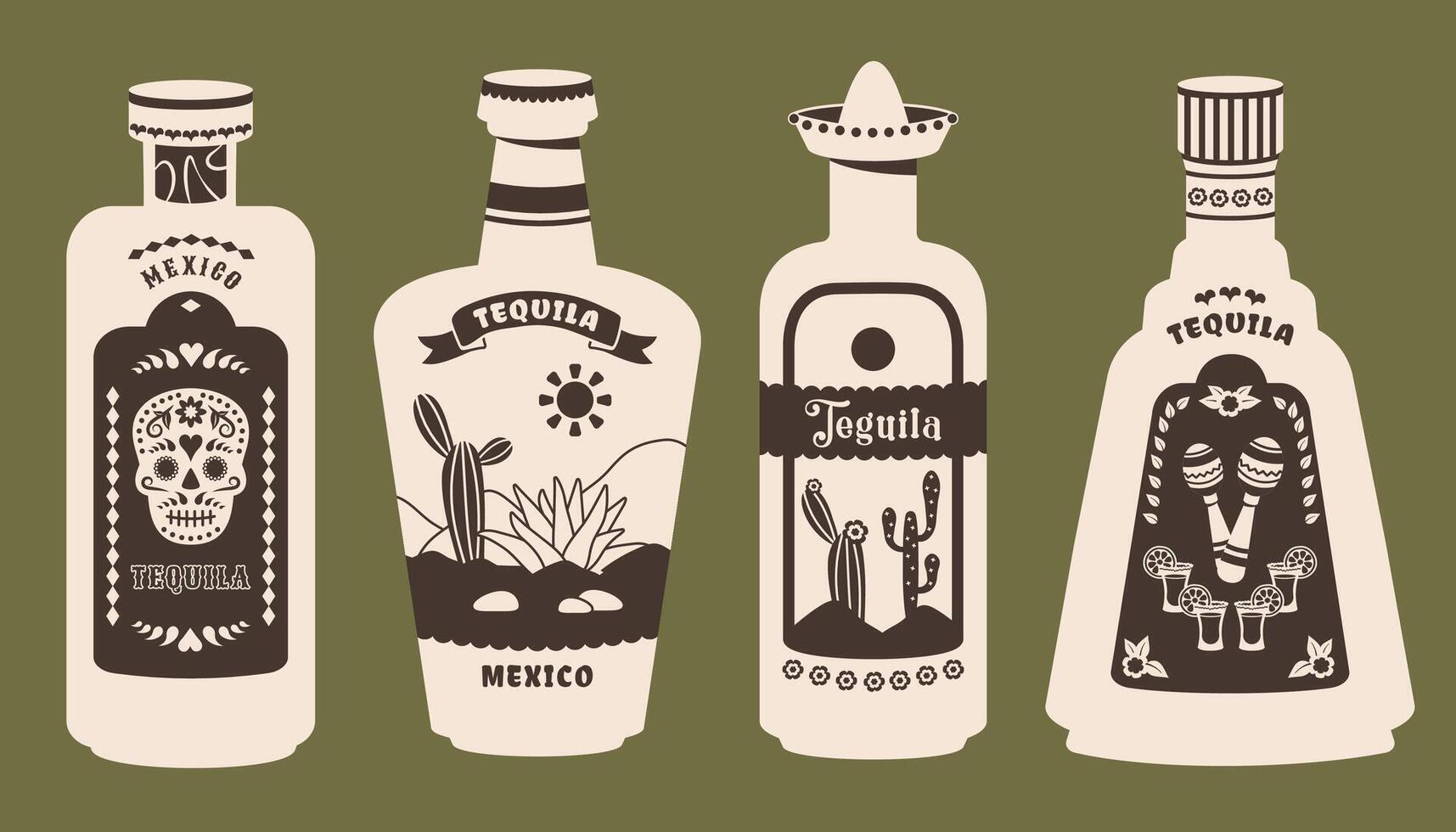 Tequila bottle set isolated. Mexico tequila with cactus, skull, agave, maracas, hat, vintage labels. Collection of Silhouette Glass bottles. Alcoholic beverages in retro style. vector