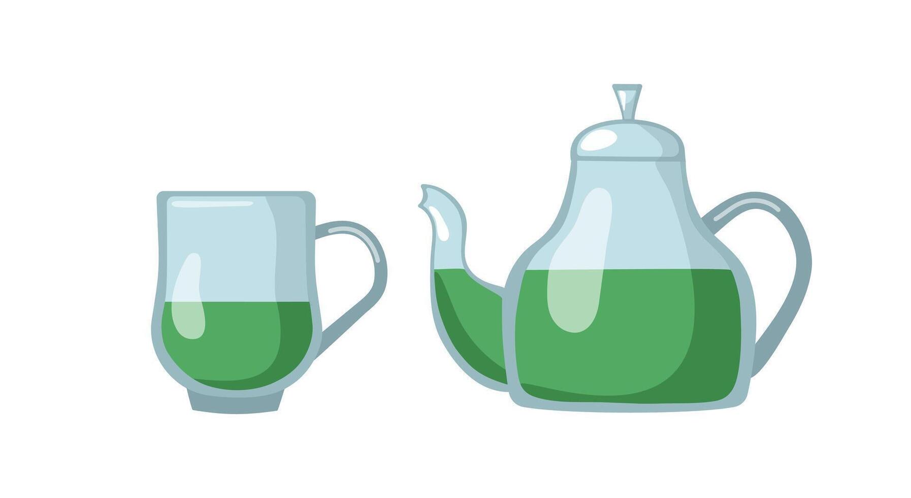 Glass teapot and cup of green tea. Tea drinking and tea time. Hot healthy drink. Illustration of flat tea time icons for cafe and restaurant menu design, isolated background. vector