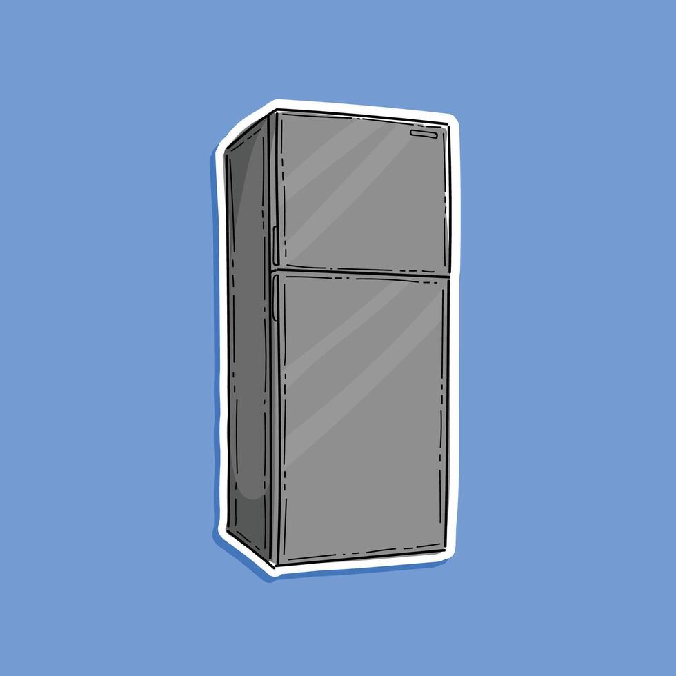 Modern grey fridge. Front view of freezer with closed doors and shadow. Two vertical compartments of refrigerator with handles. Isolated in a blue background illustration design vector
