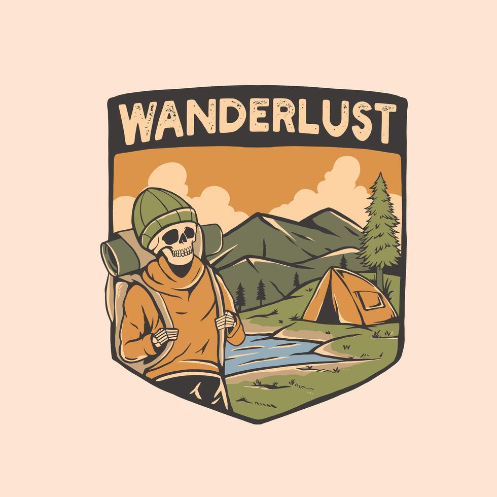 A vintage-style illustration of a skeleton hiker with a backpack, set against a scenic mountain backdrop with a tent by a river. vector