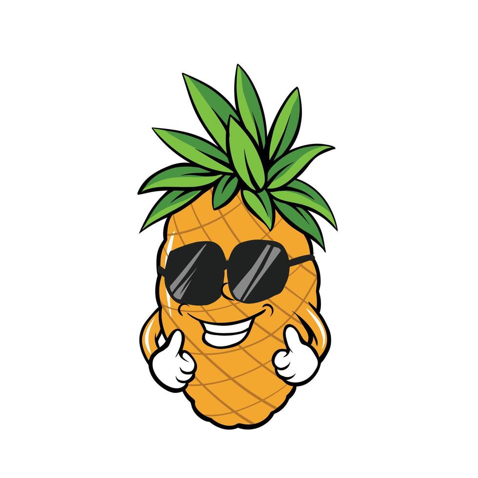 Illustration of a cartoon pineapple with a thumbs up hand pose, complete with sunglasses. These images are suitable for use in a variety of design projects, from merchandise to social media. vector