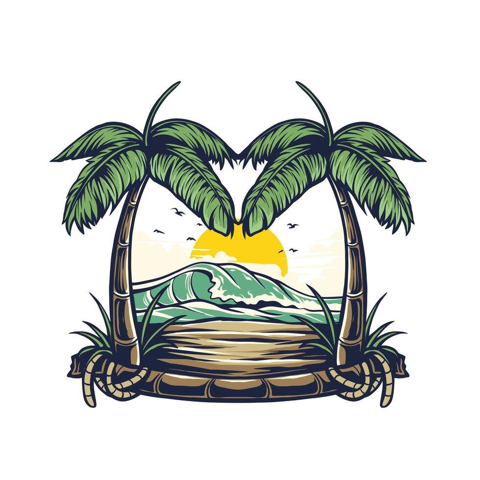 Vibrant tropical beach illustration featuring lush palm trees, a serene sunset, and rolling ocean waves.eps vector