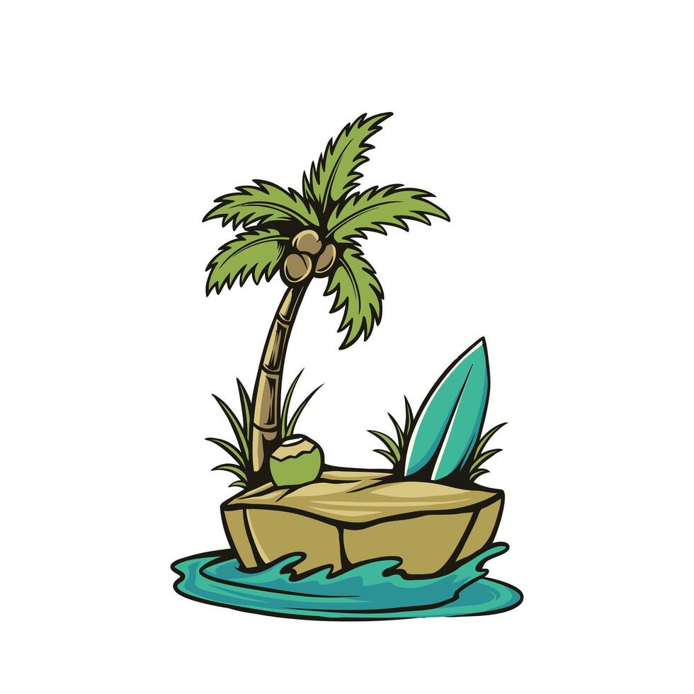 Illustration of a tropical island with a palm tree, surfboard, and coconut on a rock by the sea vector