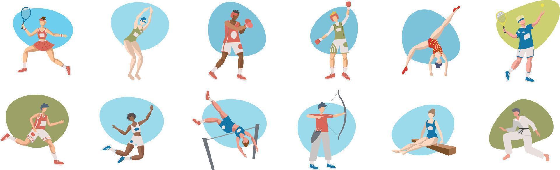 Vibrant collection of athletes competing in various sports, embodying the spirit of international competition. Dynamic poses vector
