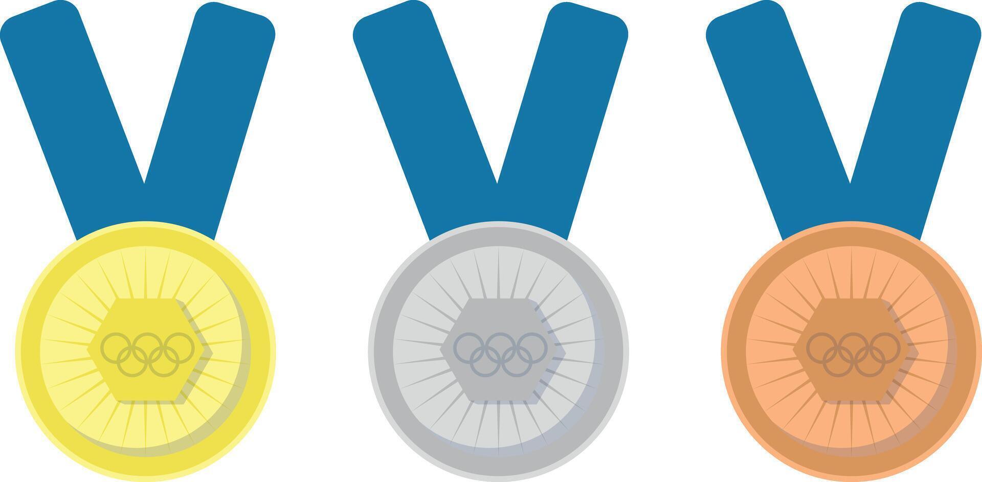 Gold medal for first place in a sports competition. Silver for second place. Bronze for third place. Victory. ribbon. Flat minimalistic design. set on white background. vector