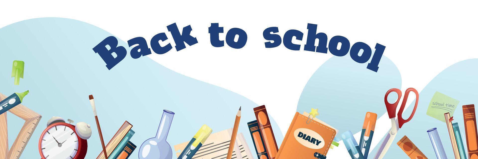 back to school banner. school items, stationery set. markers, pencils, scissors, notebooks, markers, highlighters, diary, alarm clock. illustration for advertising banner, sale. preparation for school vector