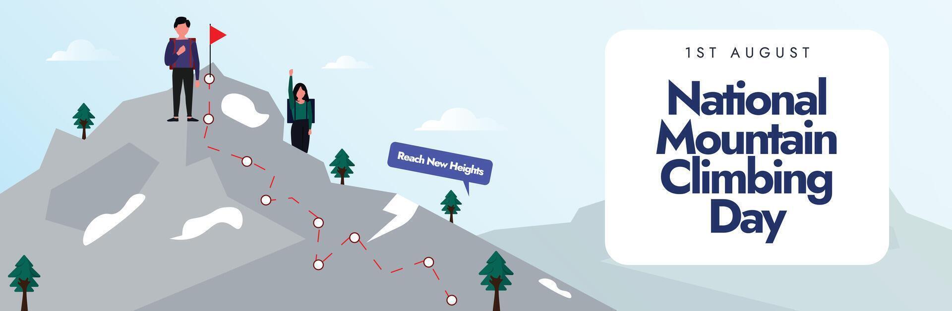 National Mountain Climbing Day. 1st August Mountain climbing day celebration cover banner with mountains, climber on them, red flag. The day celebrates the challenging, adventurous sport of climbing vector