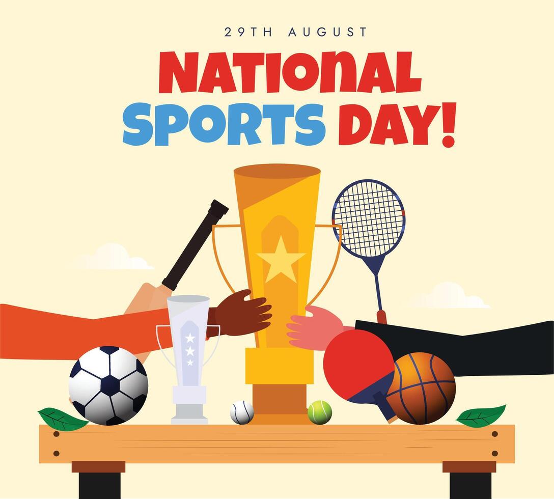 National sports day. 29th August National Sports day celebration banner with big golden trophy, sports items basketball, football, rackets, tennis racket. Conceptual banner template for games vector