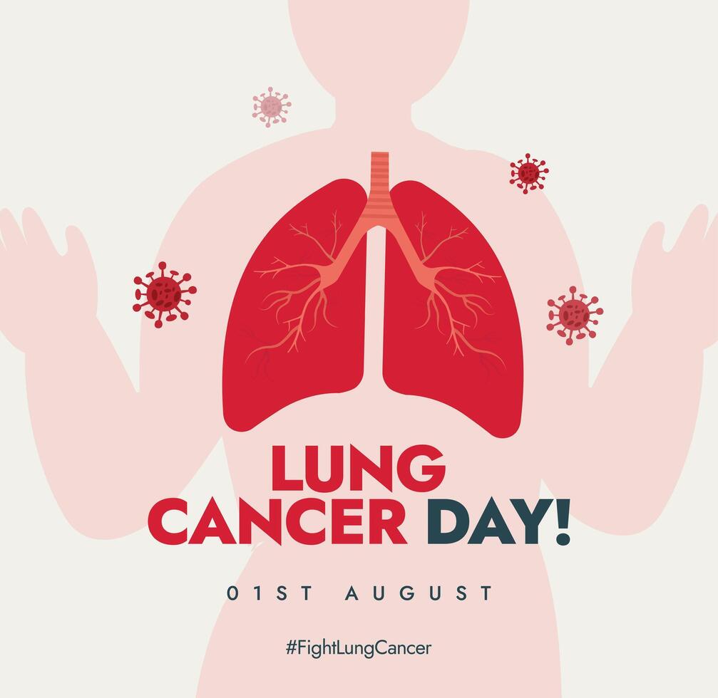 World Lung Cancer Day. 1st August World Lungs cancer day awareness banner with inside view of lungs attacked by viruses. The day focuses on the power of unity in the fight against disease, illness. vector