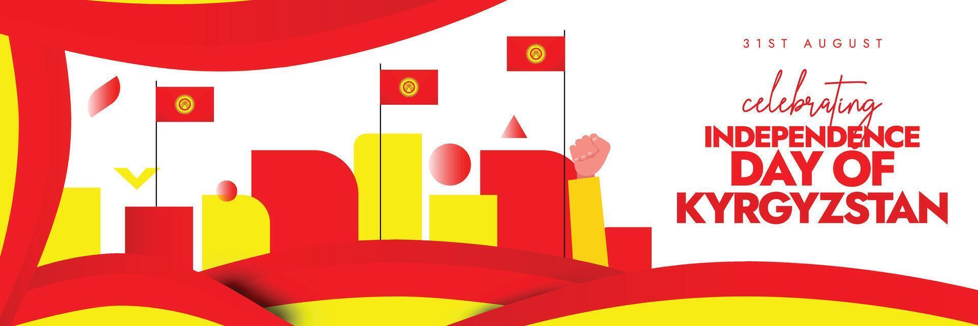 Kyrgyzstan Independence Day. 31st August celebrating Kyrgyzstan Independence cover banner with its flag and modern abstract art elements, hand fists. The country became independent in 1991 vector