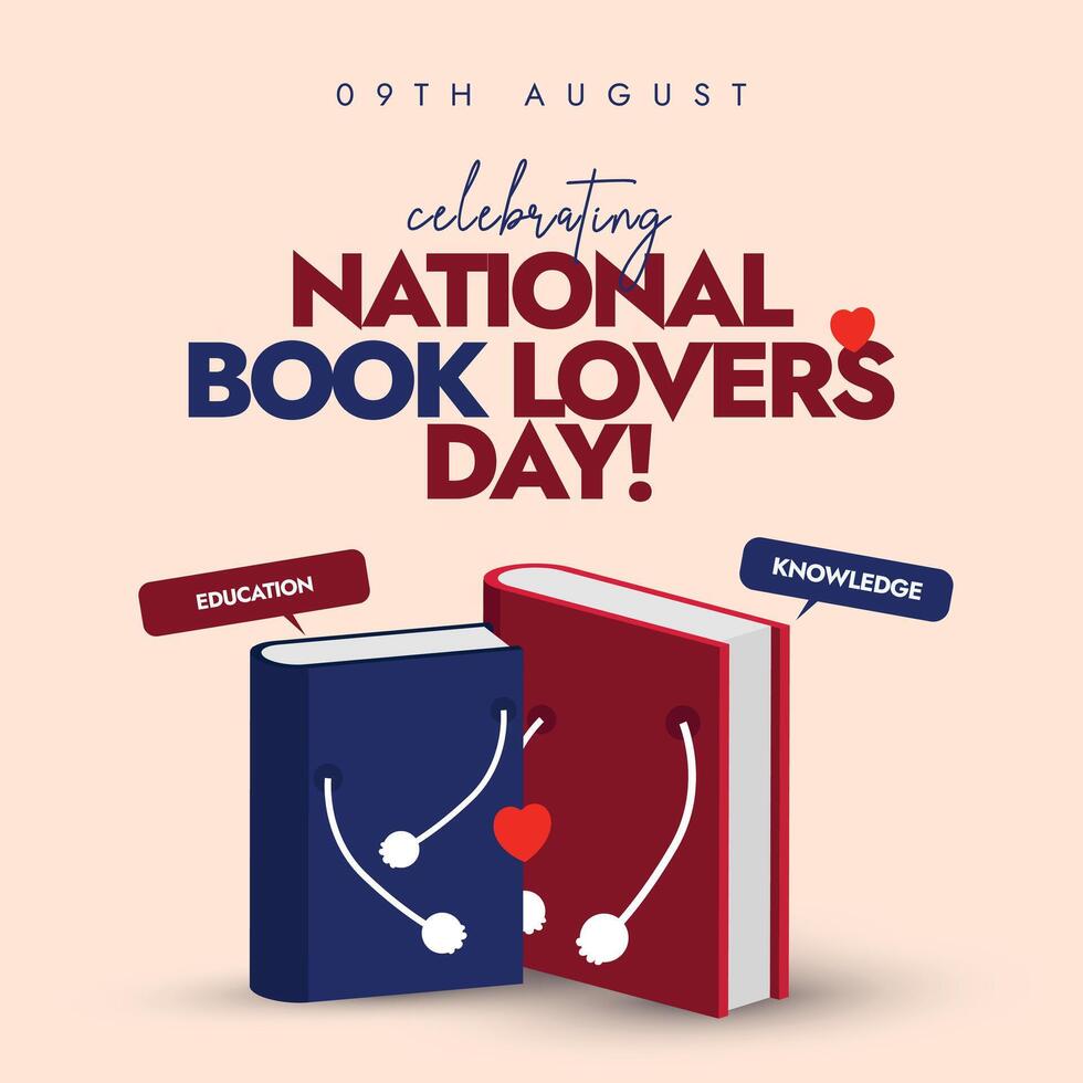 National Book Lovers day. 9th August National Book Lovers day celebration banner, post with two books hugging each other. The day is celebrated to enjoy literature and reading by bibliophiles. vector