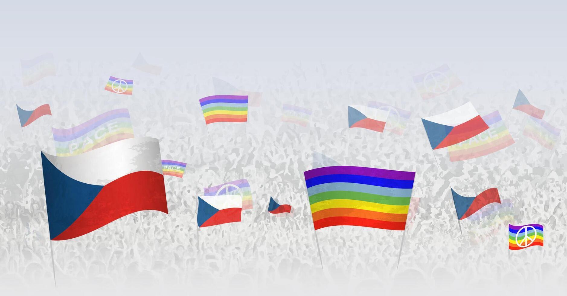 People waving Peace flags and flags of Czech Republic. Illustration of throng celebrating or protesting with flag of Czech Republic and the peace flag. vector