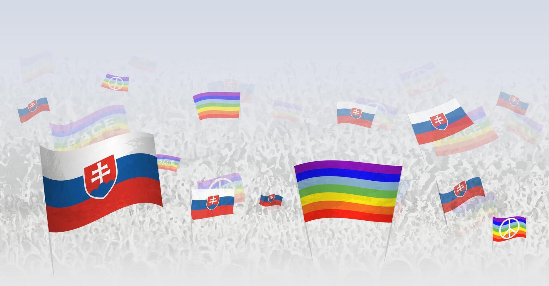 People waving Peace flags and flags of Slovakia. Illustration of throng celebrating or protesting with flag of Slovakia and the peace flag. vector