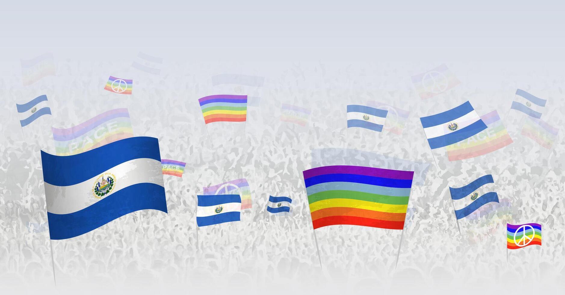 People waving Peace flags and flags of El Salvador. Illustration of throng celebrating or protesting with flag of El Salvador and the peace flag. vector