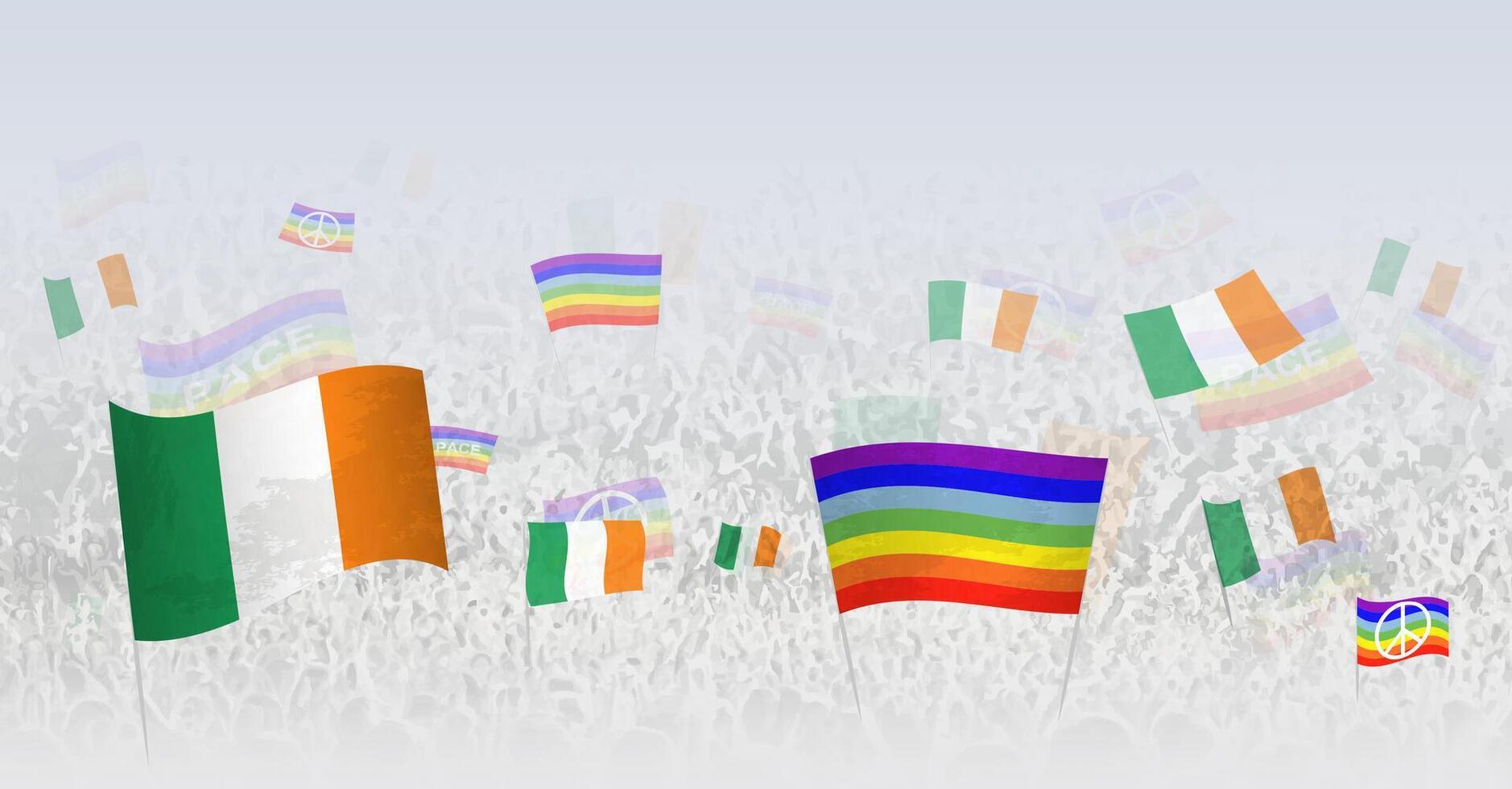 People waving Peace flags and flags of Ireland. Illustration of throng celebrating or protesting with flag of Ireland and the peace flag. vector