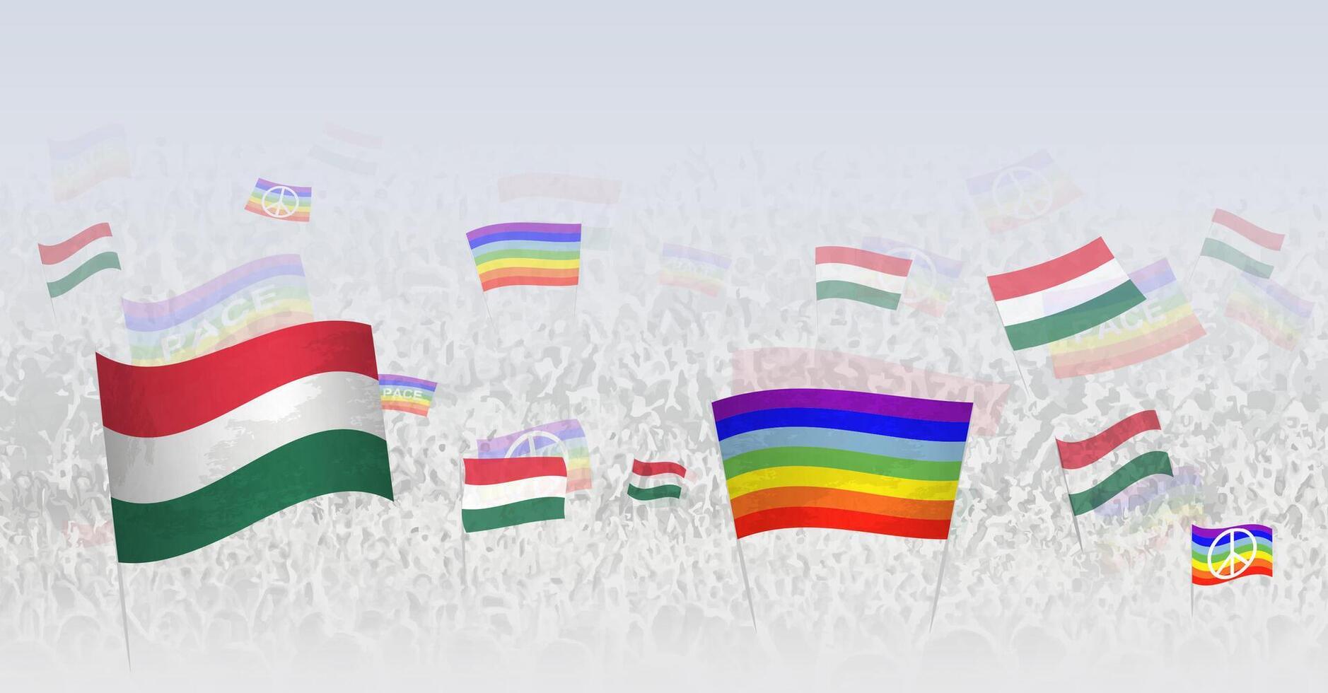 People waving Peace flags and flags of Hungary. Illustration of throng celebrating or protesting with flag of Hungary and the peace flag. vector