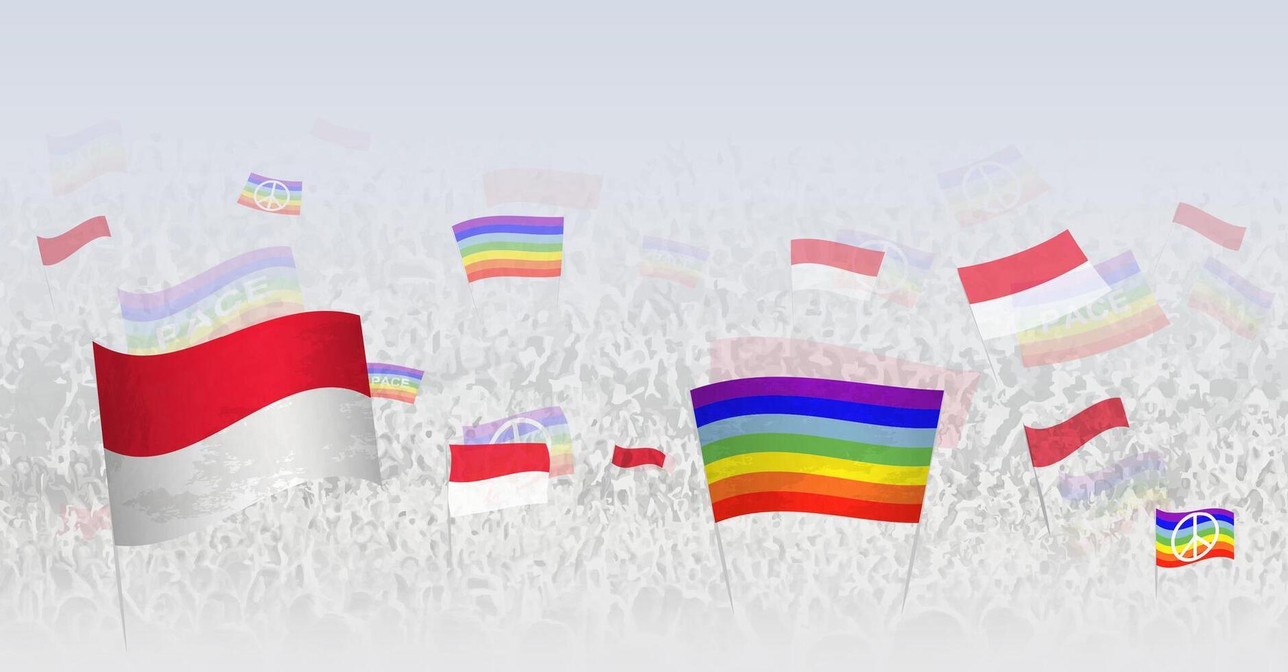 People waving Peace flags and flags of Monaco. Illustration of throng celebrating or protesting with flag of Monaco and the peace flag. vector
