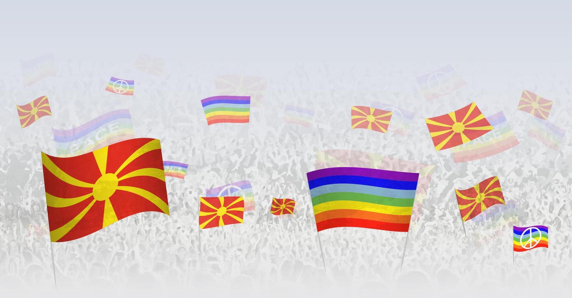 People waving Peace flags and flags of North Macedonia. Illustration of throng celebrating or protesting with flag of North Macedonia and the peace flag. vector