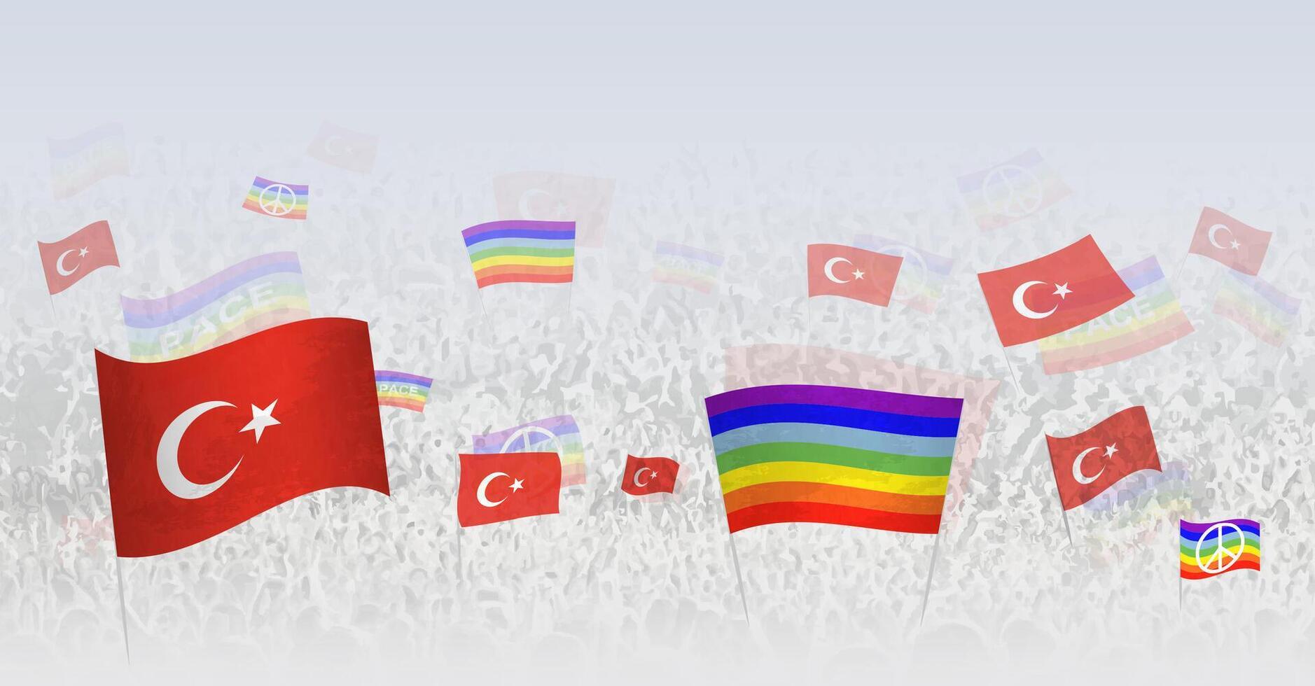 People waving Peace flags and flags of Turkey. Illustration of throng celebrating or protesting with flag of Turkey and the peace flag. vector