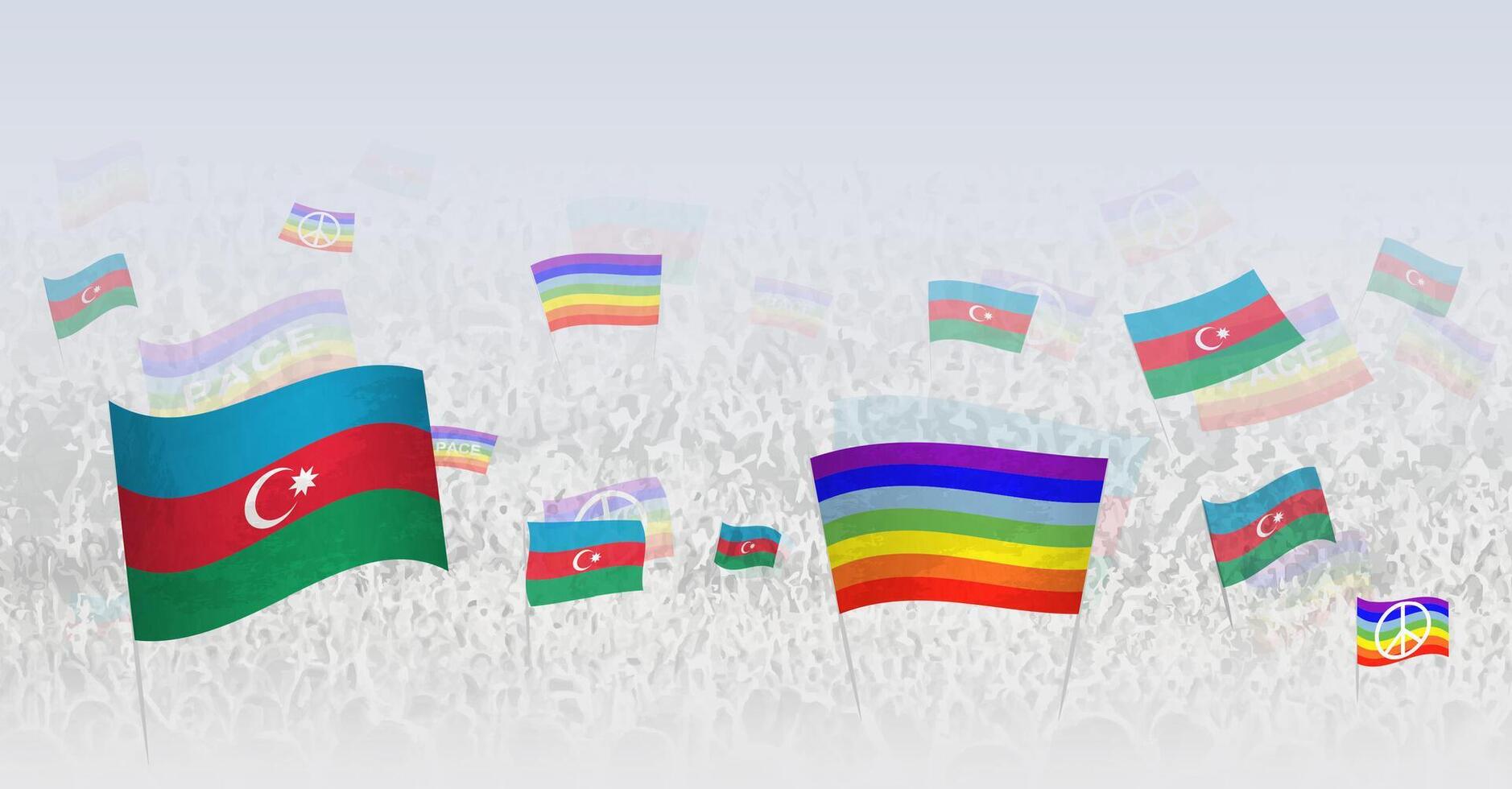 People waving Peace flags and flags of Azerbaijan. Illustration of throng celebrating or protesting with flag of Azerbaijan and the peace flag. vector