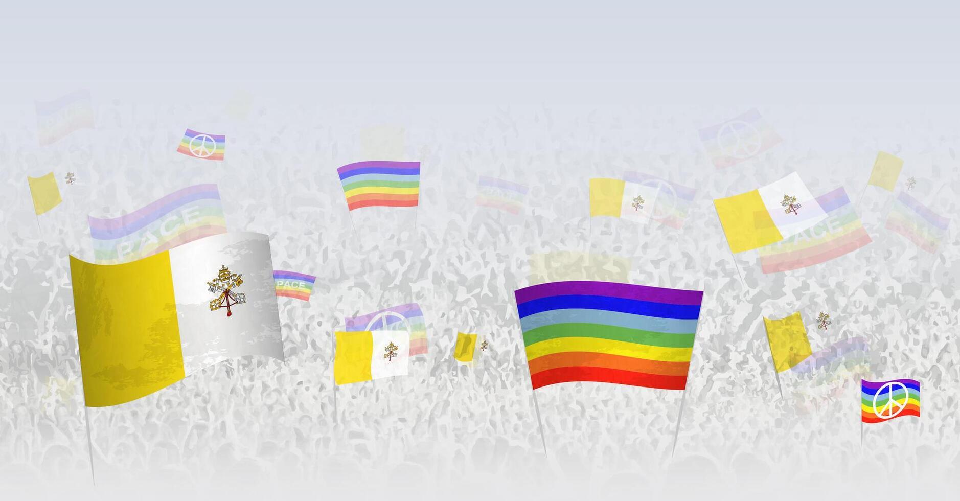 People waving Peace flags and flags of Vatican City. Illustration of throng celebrating or protesting with flag of Vatican City and the peace flag. vector
