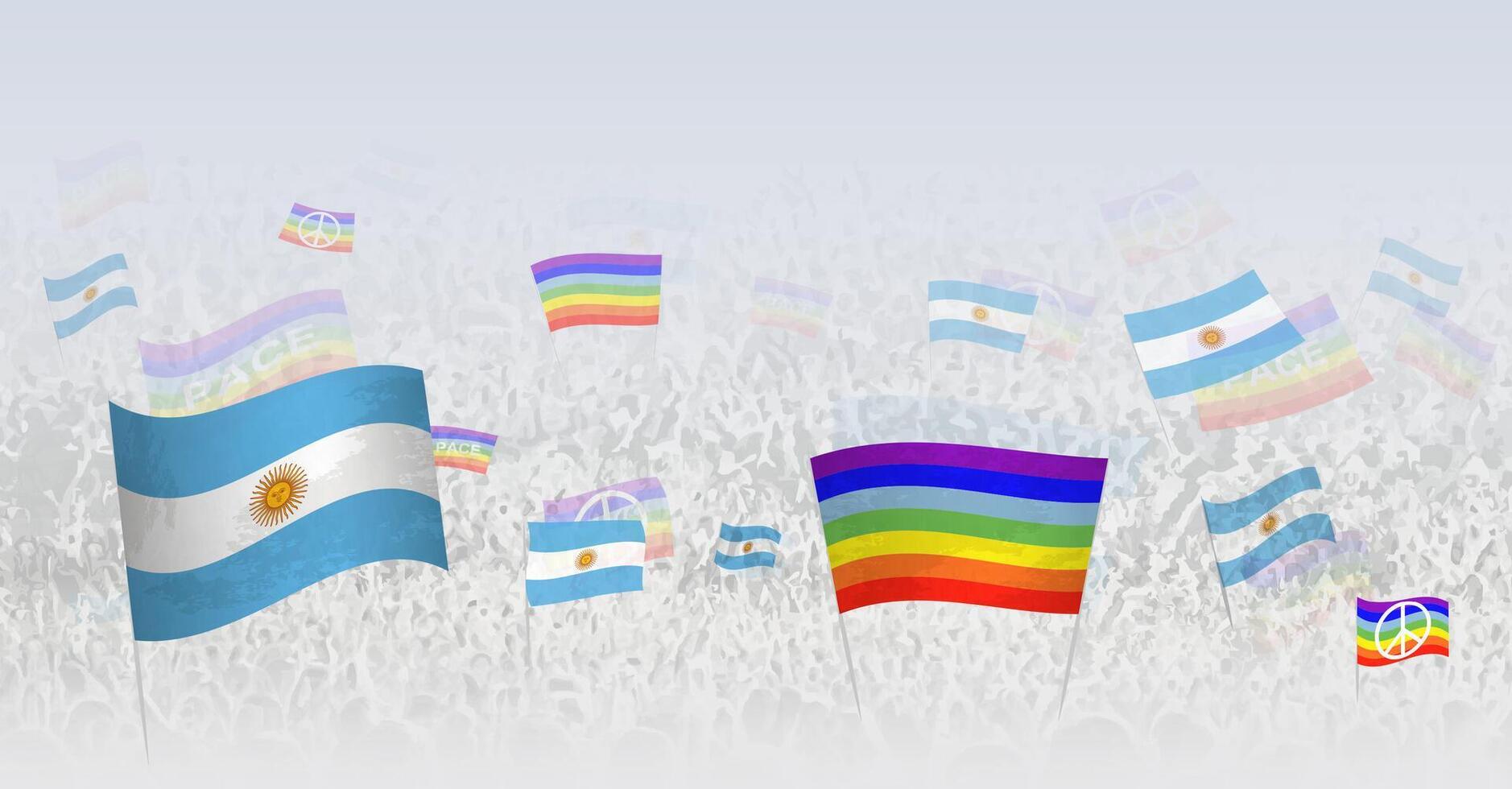 People waving Peace flags and flags of Argentina. Illustration of throng celebrating or protesting with flag of Argentina and the peace flag. vector