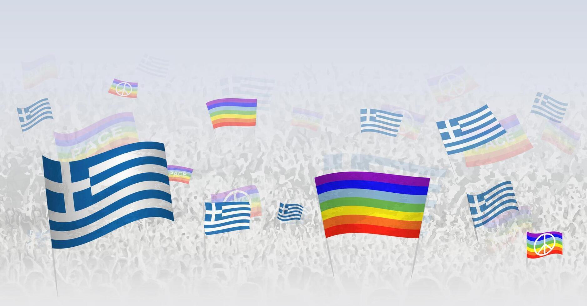 People waving Peace flags and flags of Greece. Illustration of throng celebrating or protesting with flag of Greece and the peace flag. vector