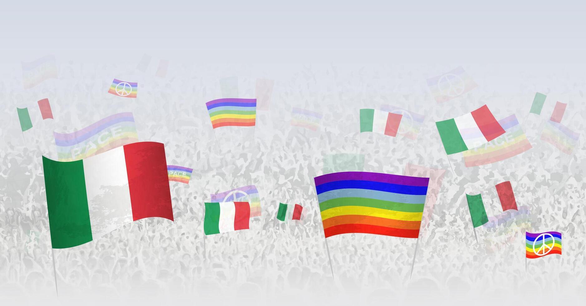 People waving Peace flags and flags of Italy. Illustration of throng celebrating or protesting with flag of Italy and the peace flag. vector