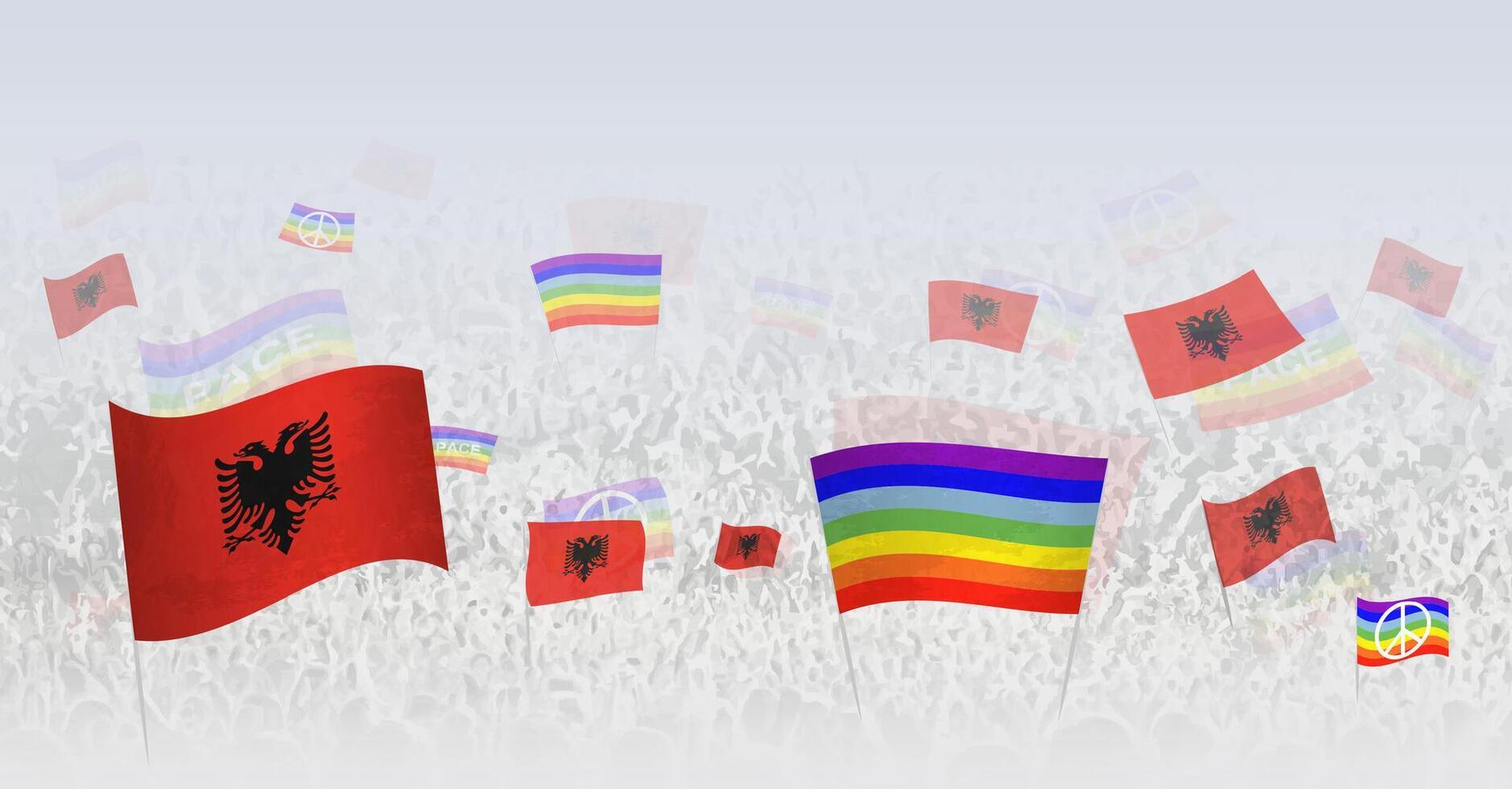 People waving Peace flags and flags of Albania. Illustration of throng celebrating or protesting with flag of Albania and the peace flag. vector