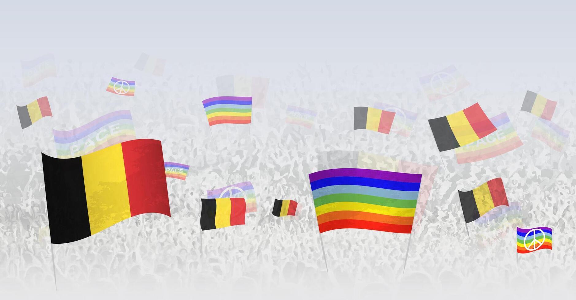 People waving Peace flags and flags of Belgium. Illustration of throng celebrating or protesting with flag of Belgium and the peace flag. vector